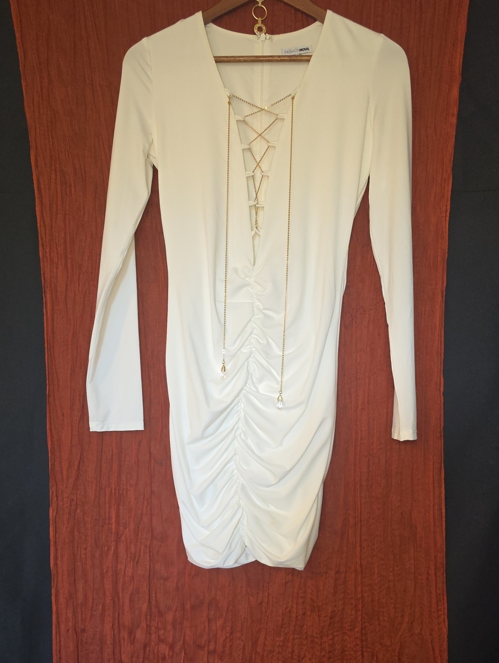 Fashion Nova White Lace-Up Ruched Long Sleeve Midi Dress